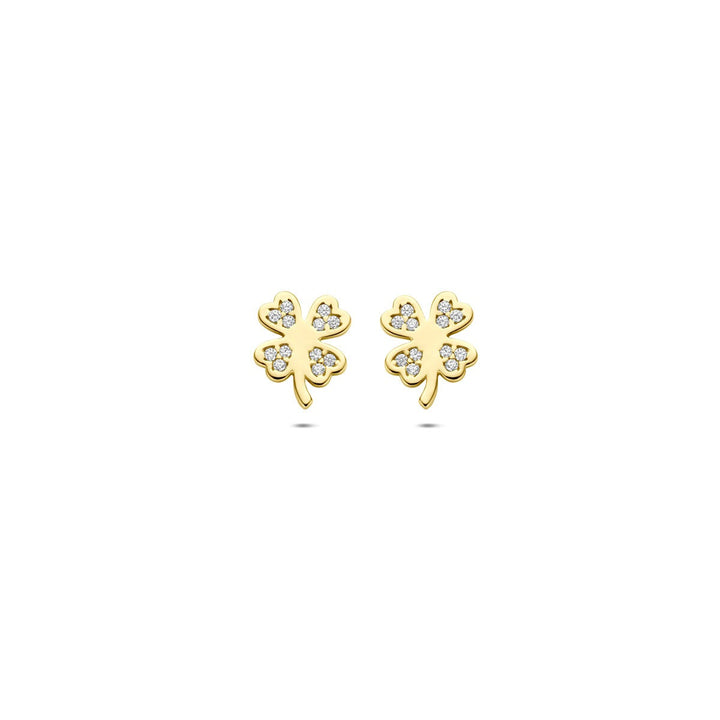14k geelgouden klaver oorknoppen met zirkonia – 7.5 x 6 mm