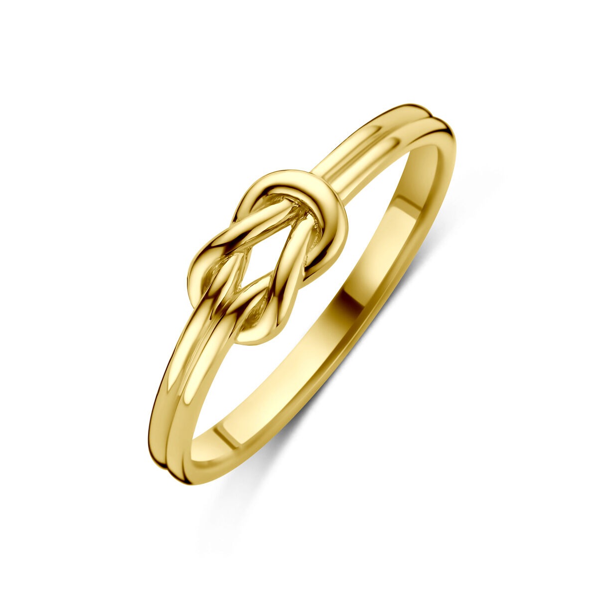 Damenring aus 14k Gelbgold mit einem verschlungenen Design und glatter Oberfläche