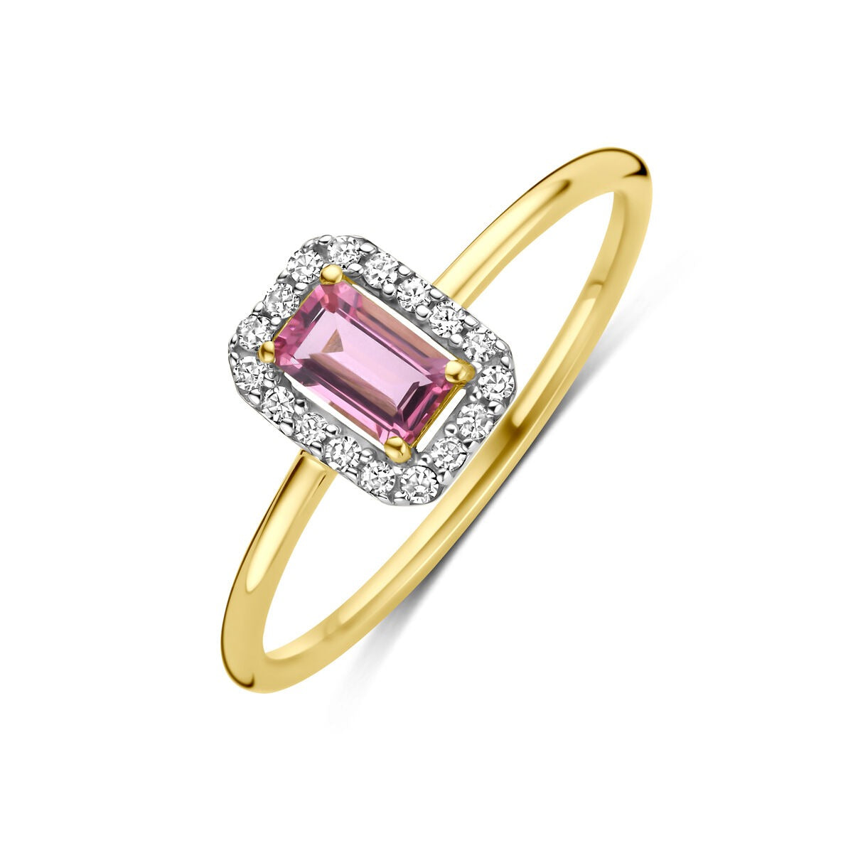 Damenring aus 14k Gelbgold mit rosa Turmalin und Diamanten, rechteckiger Stein, funkelnder Rahmen