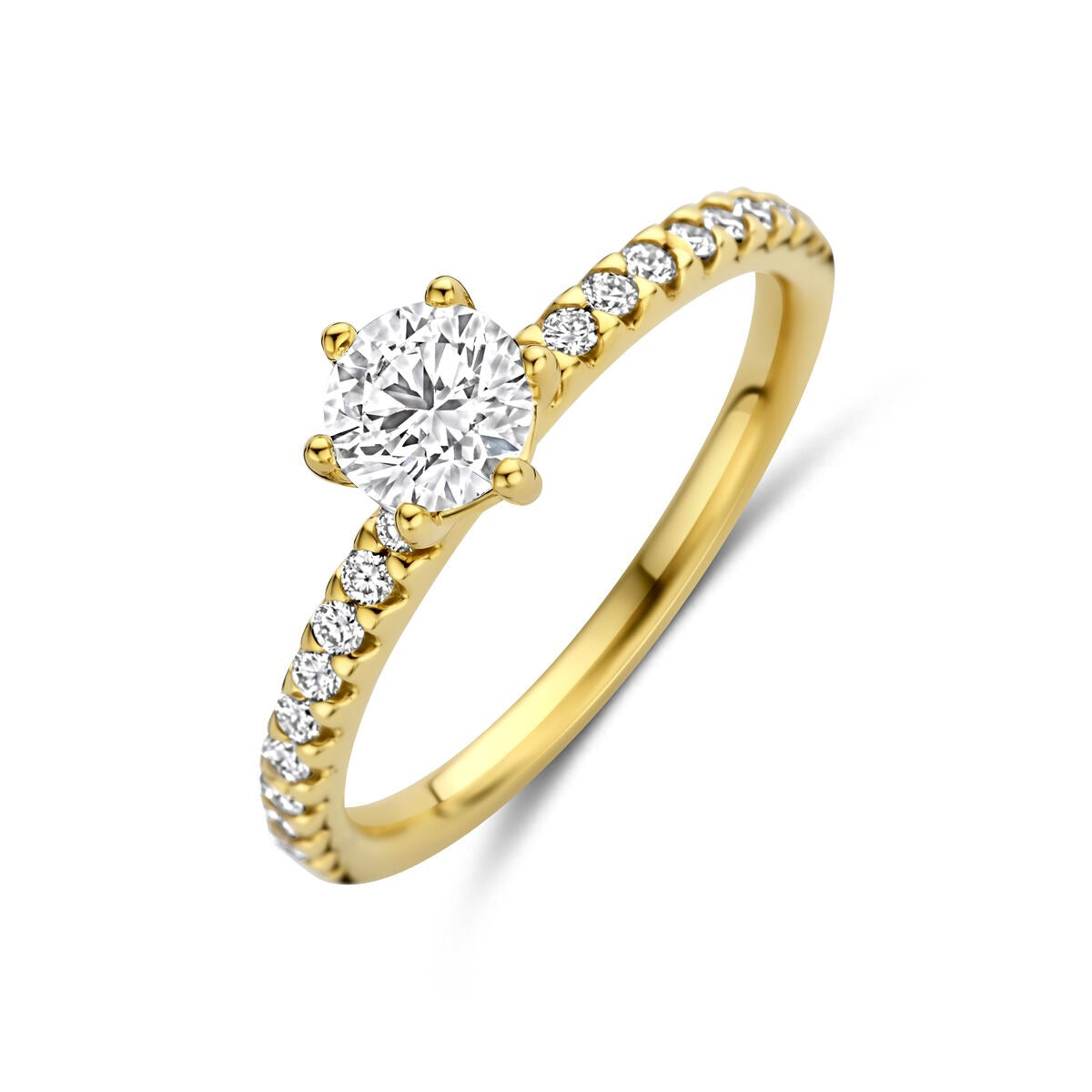 Damenring aus 14k Gelbgold mit lab-grown Diamant und kleinen, funkelnden Steinen am Ringband
