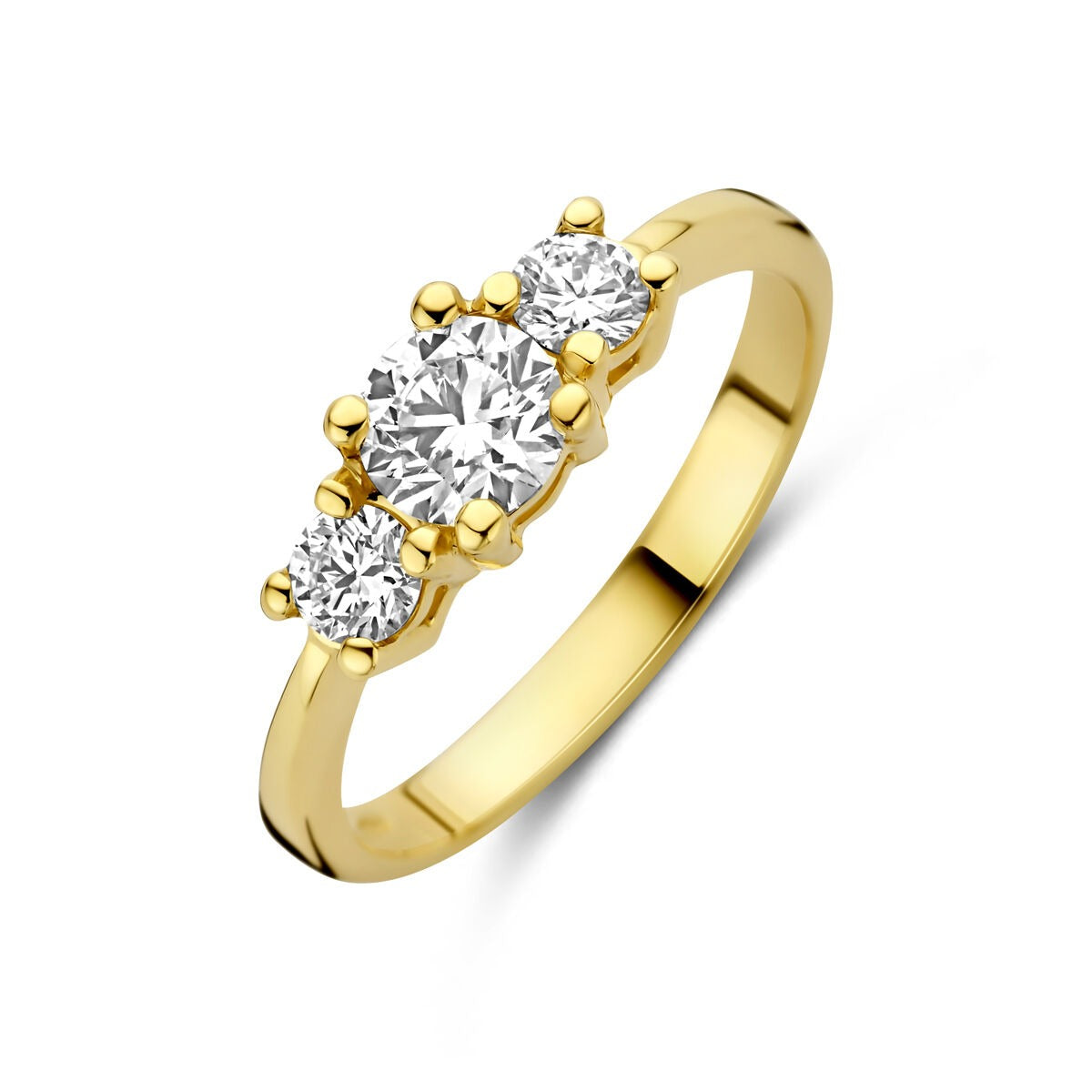 Ring aus 14 Karat Gelbgold mit drei runden, funkelnden lab-grown Diamanten