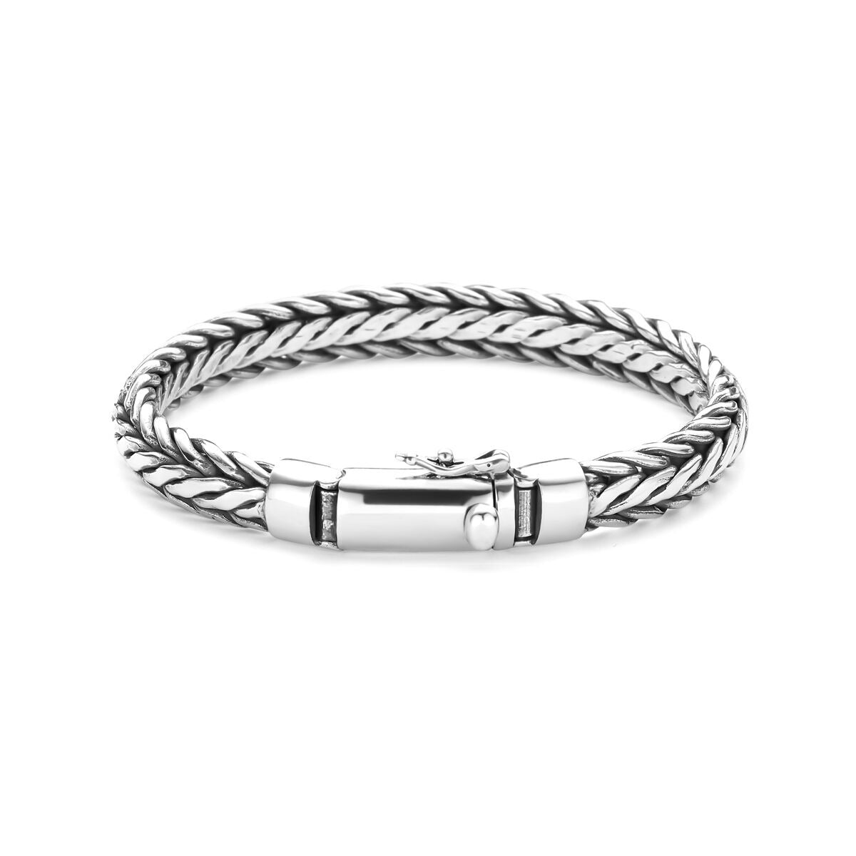 Oxidiertes Silberarmband für Herren mit 9 mm Fuchsenschwanzgliederung und schlichter Verschlussmechanik