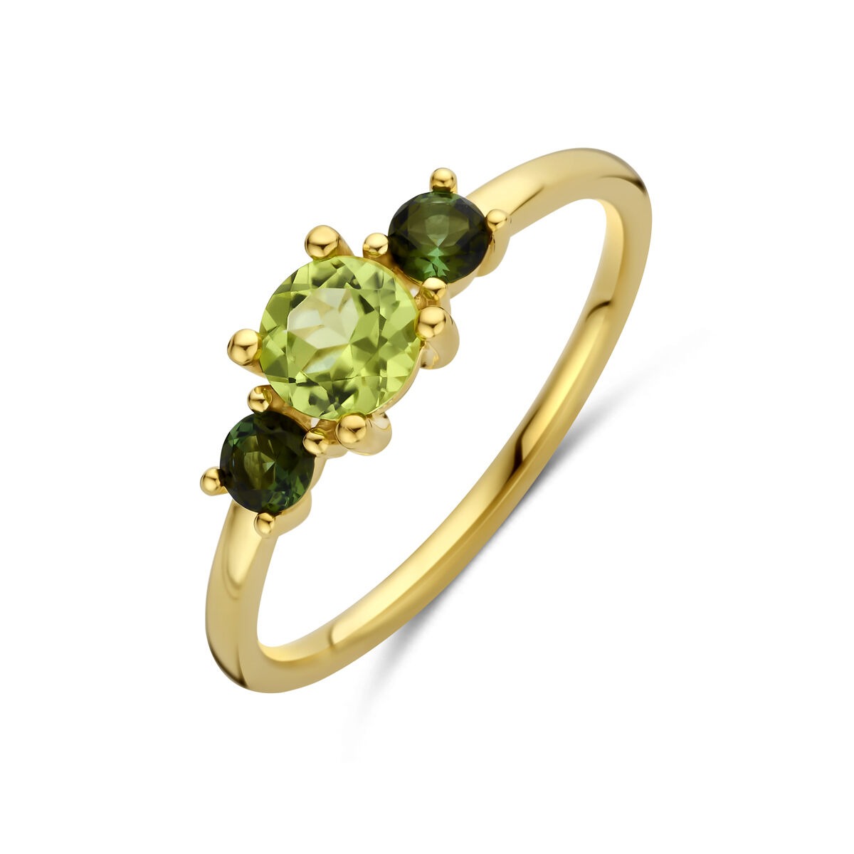 Damenring aus 14k Gelbgold mit rundem Peridot und zwei runden Turmalinsteinen