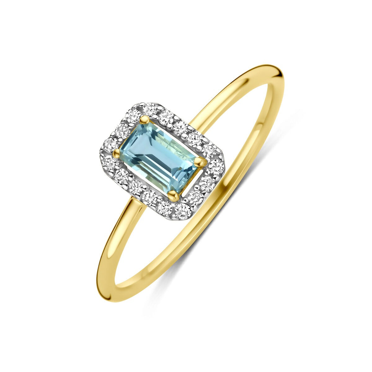 Damenring aus 14k Gelbgold mit rechteckigem Aquamarin und Diamanten umgeben