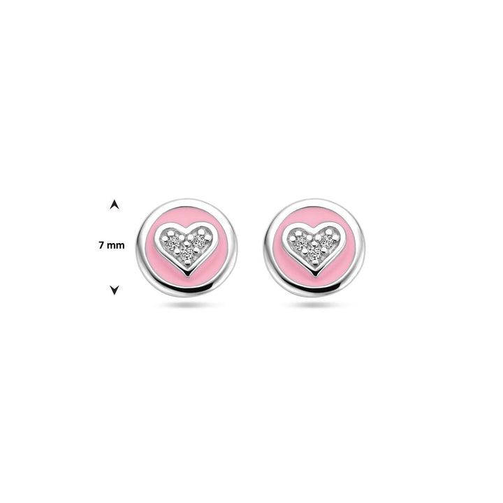 Ohrstecker Herz aus Zirkonia und rosa Emaille, Silber rhodiniert