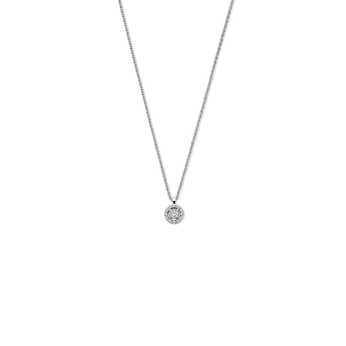Silbernes Collier aus rhodiniertem 925 Silber mit rundem Anhänger und Zirkonia.