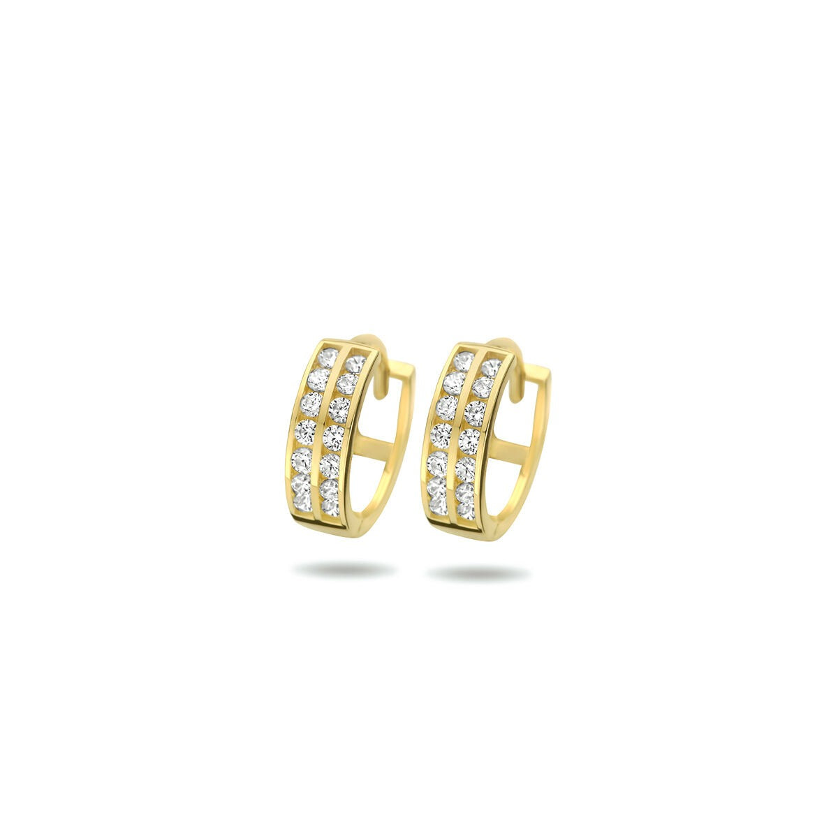 Goldene Klapohringe mit Zirkonia in 9k Gelbgoldfarbe, mit mehreren funkelnden Steinen