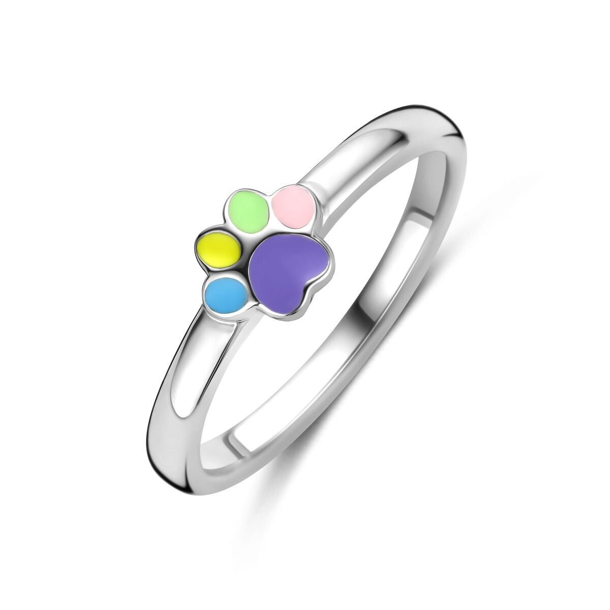Ring aus rhodiniertem Silber mit buntem Emaille-Hundepfoten-Motiv