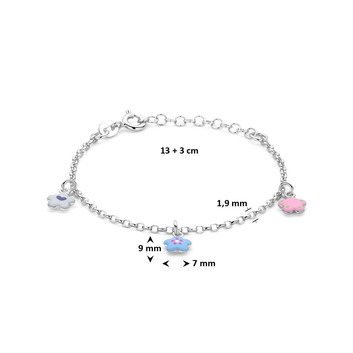 Rhodiniertes 925er Sterlingsilber Kinderarmband mit Blumen und Emaille