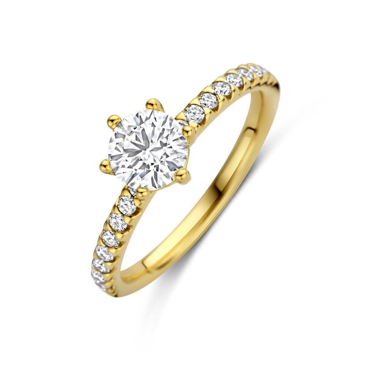 Damenring aus 14k Gelbgold mit lab-grown Diamant und kleinen Zirkonia-Steinen am Ringband