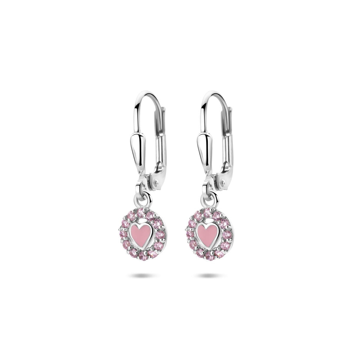 Silberne Ohrhänger mit emailliertem Herz und rosa Zirkonia, Durchmesser 21 mm