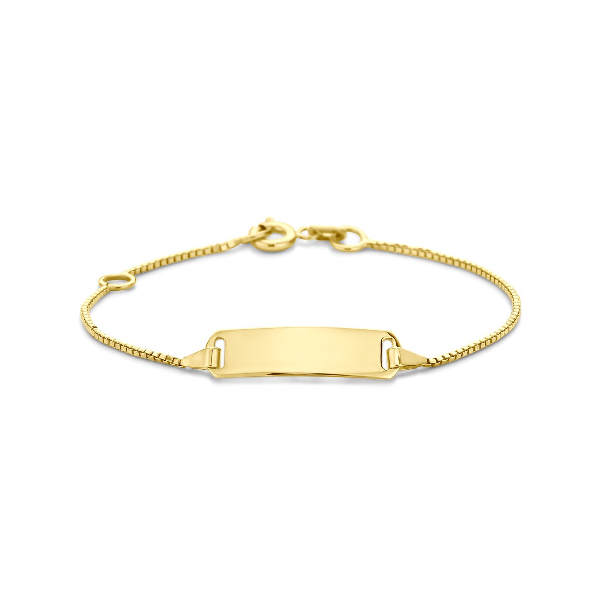 Gravurarmband aus 14k Gelbgold mit flacher Plakette und feinem Kettchen