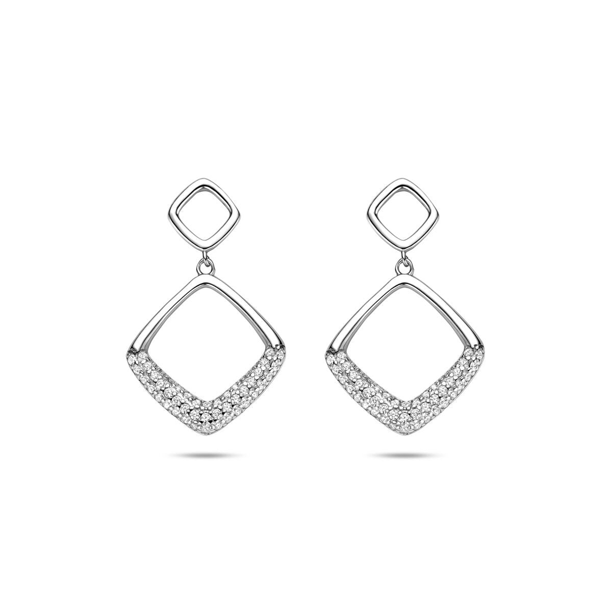 Silberne Ohrhänger aus rhodiniertem 925 Silber mit Zirkonia, quadratischer und rautenförmiger Form