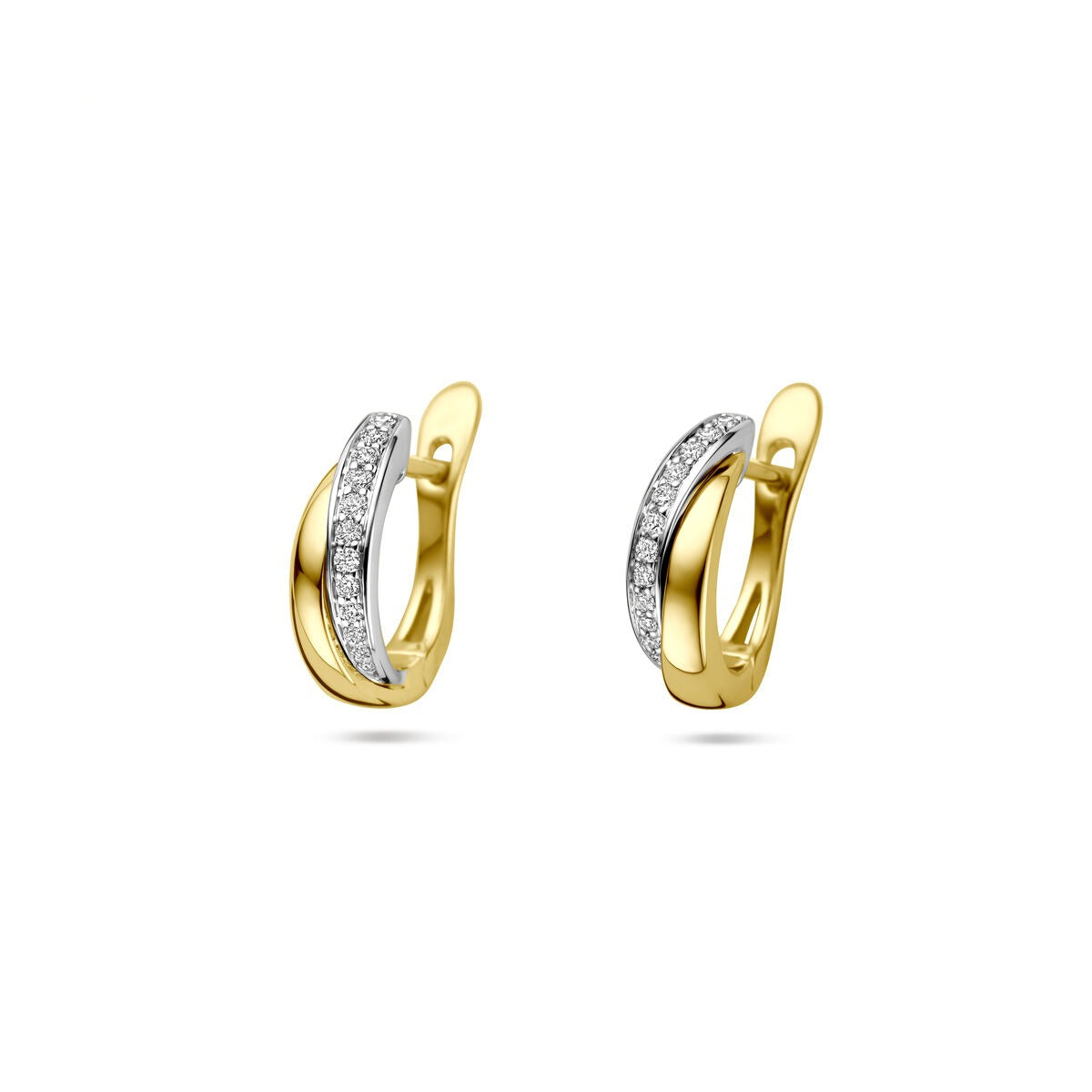 14k Bicolor Gold Klappcreolen mit Diamanten und geschwungener Form