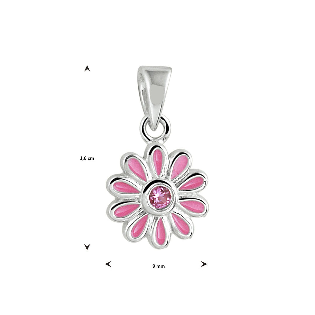 Zilveren kinderhanger bloem met roze zirkonia – gerhodineerd
