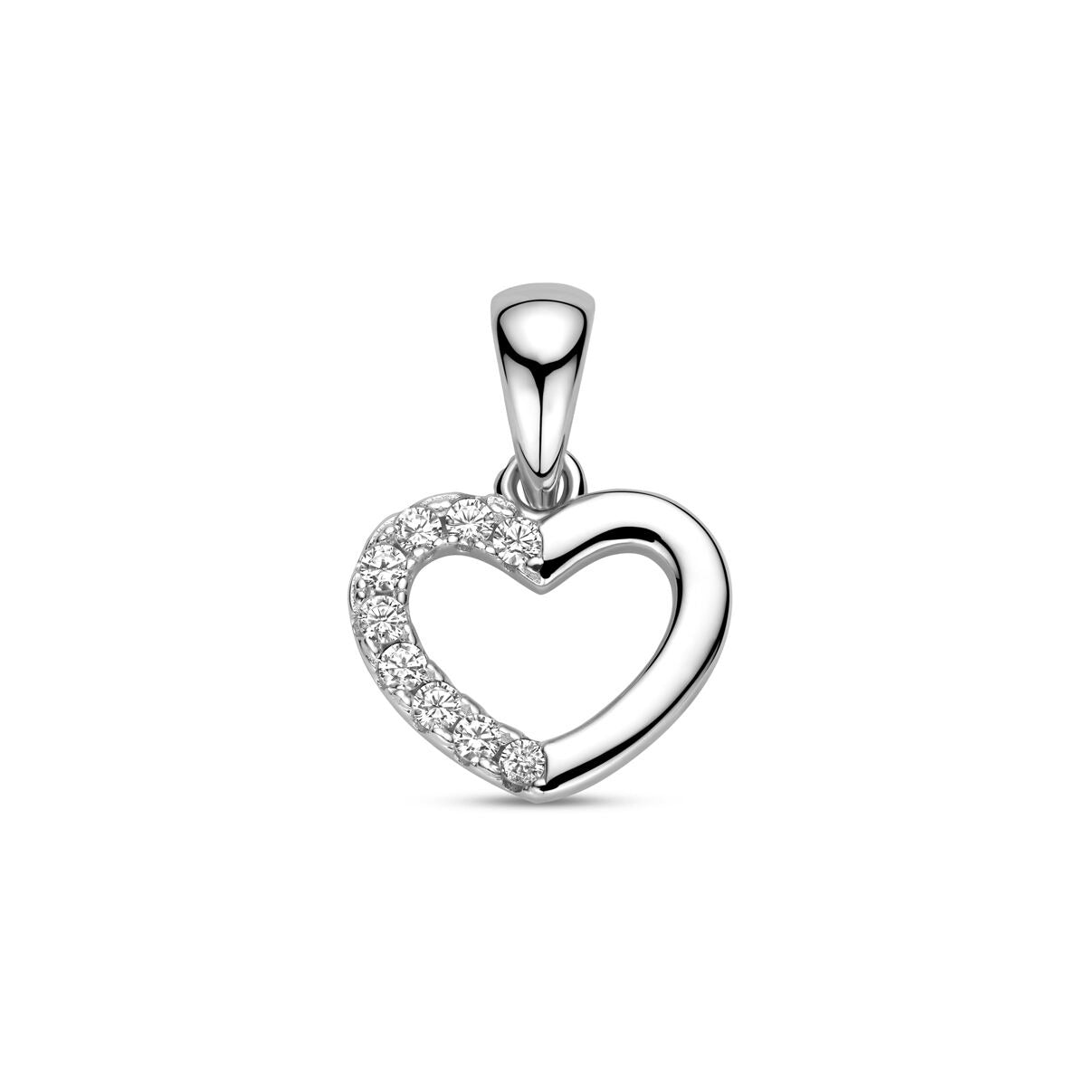 Herzanhänger aus rhodiniertem 925 Silber mit Zirkonia, halb glänzend und halb besetzt mit Steinen