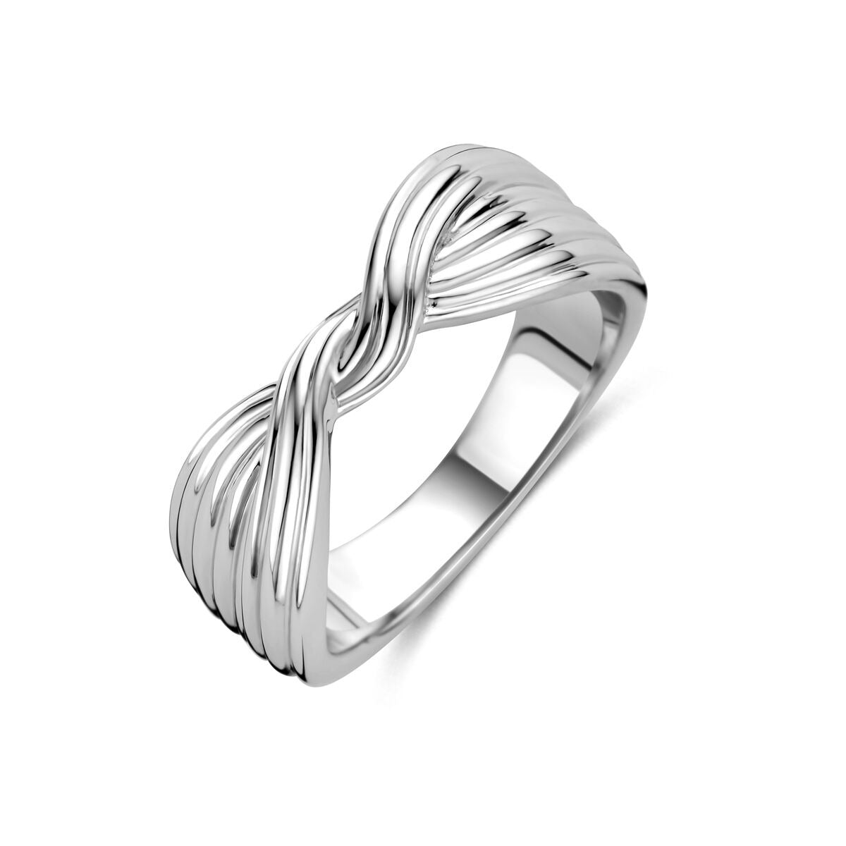 Ring aus rhodiniertem 925 Silber mit gewundenem Design und glänzender Oberfläche