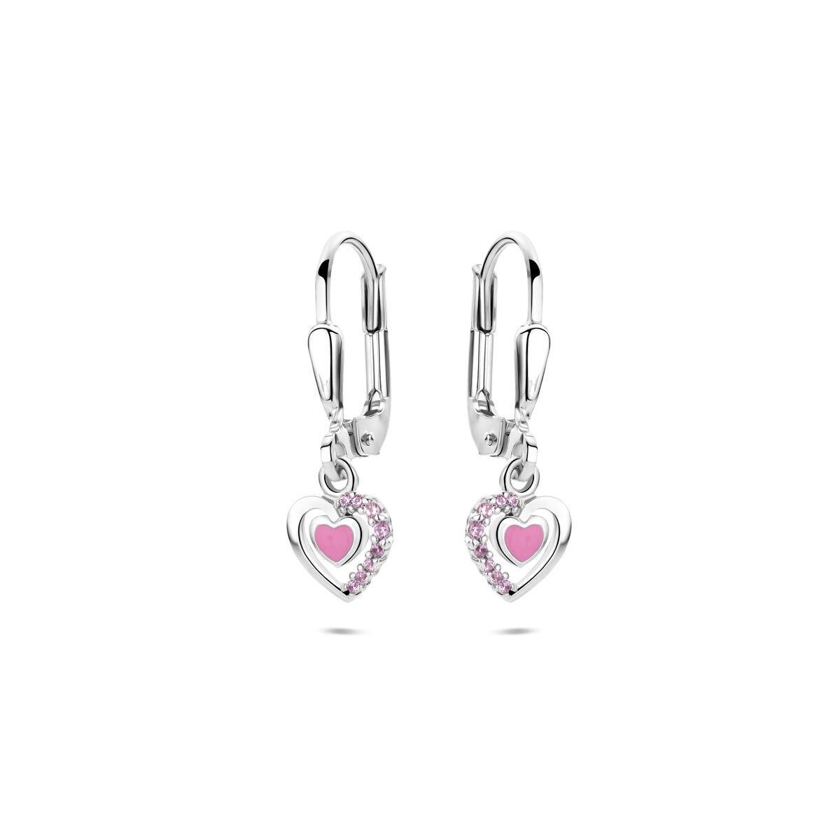 Silberne Ohrhänger mit emailliertem Herz und rosa Zirkonia, 21 mm lang