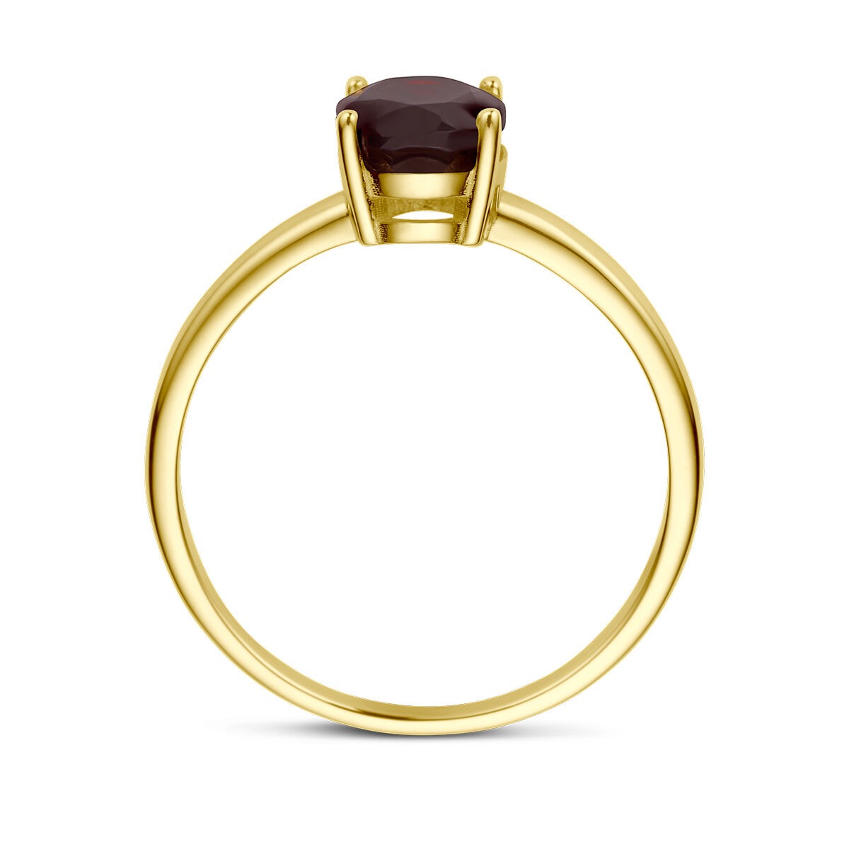 Een ring granaat 14K geelgoud uit de Van der Kooij Collectie met een enkele briolette granaat in elegante vierpoots solitaire zetting, zijaanzicht tegen een witte achtergrond.