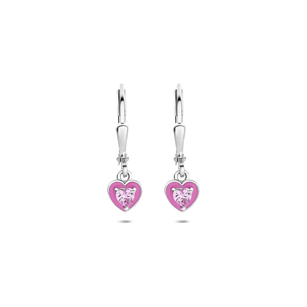 Gerhodineerd 925 zilveren hart oorhangers met roze emaille en zirkonia