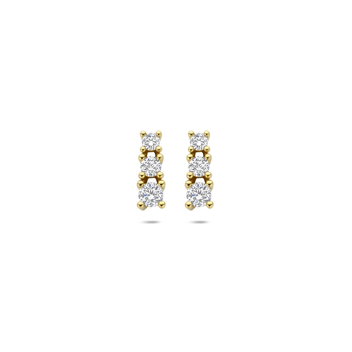 Goldene Ohrstecker mit lab-grown Diamanten – 14k Gelbgold, drei funkelnde Steine in Reihe