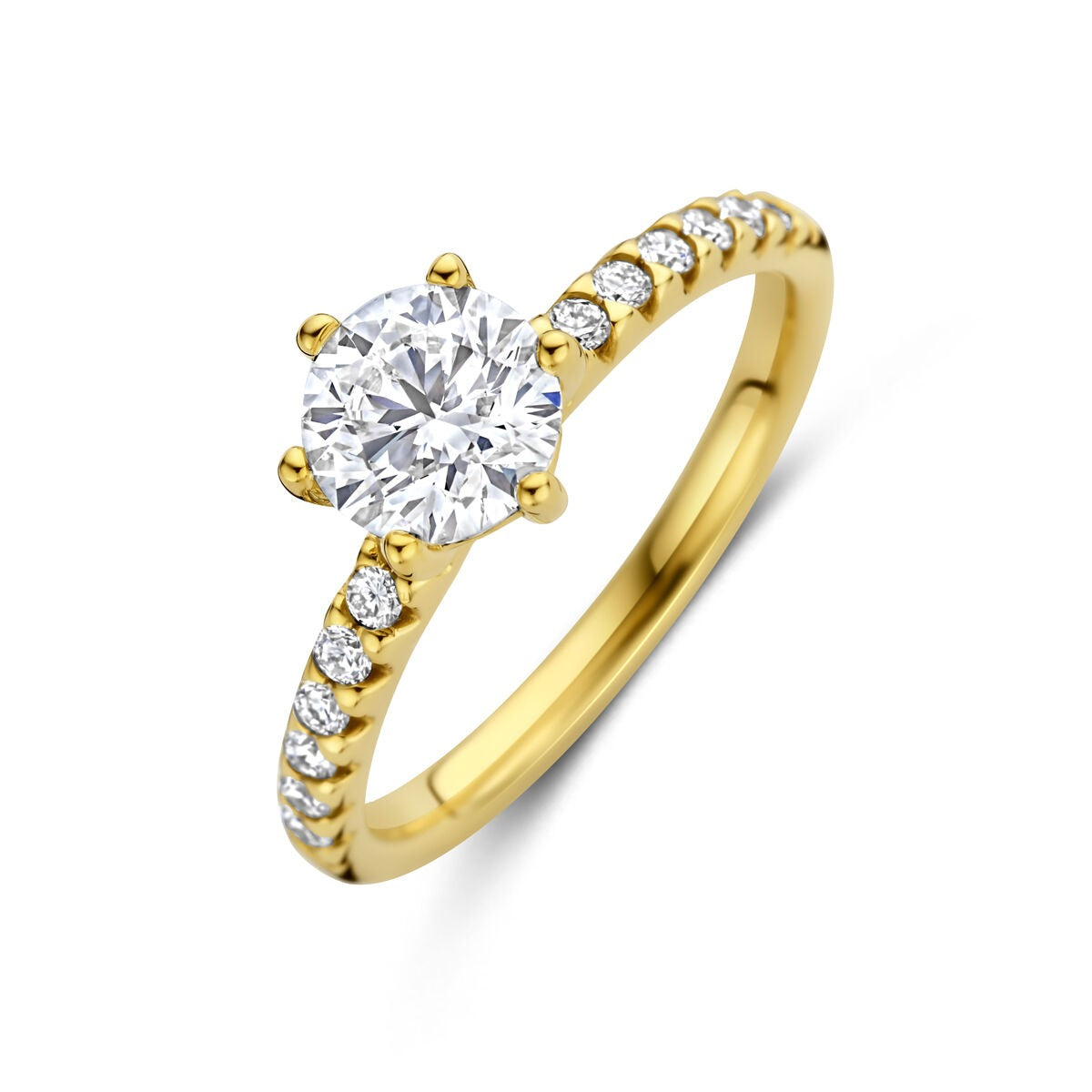Damenring aus 14k Gelbgold mit rundem, lab-grown Diamanten und kleinen, weißen Zirkonia.