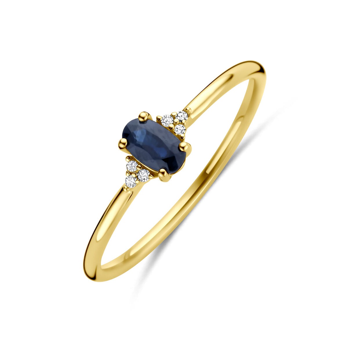 Ring aus 14k Gold mit ovalem Saphir und drei kleinen Diamanten an den Seiten