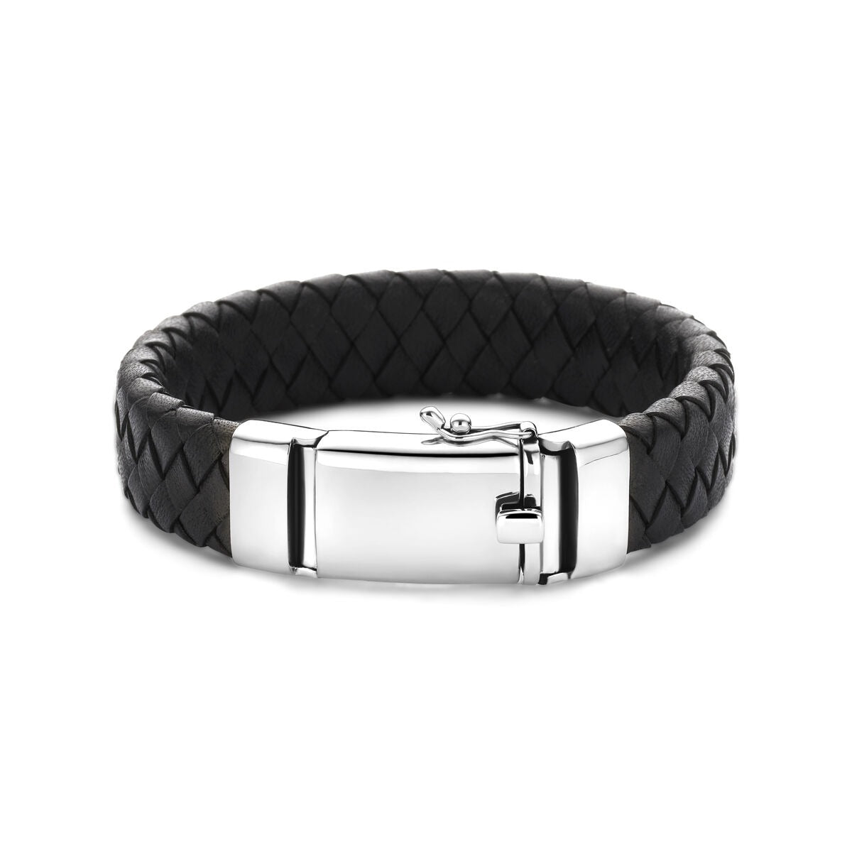 Herren-Lederarmband Schwarz mit rhodiniertem Silber – 21 cm
