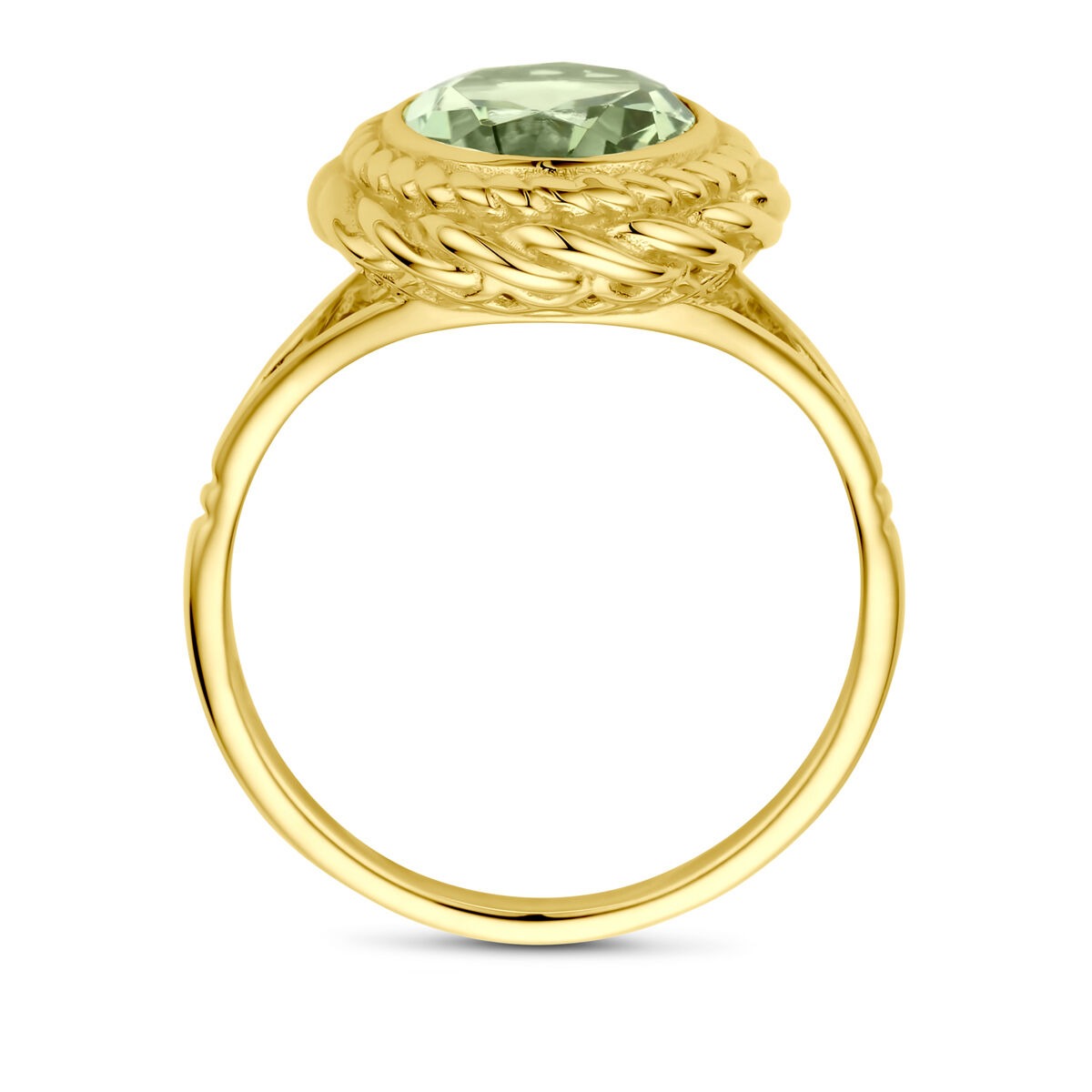 Ring aus 14 Karat Gold mit grünem Amethyst und geflochtenem Design