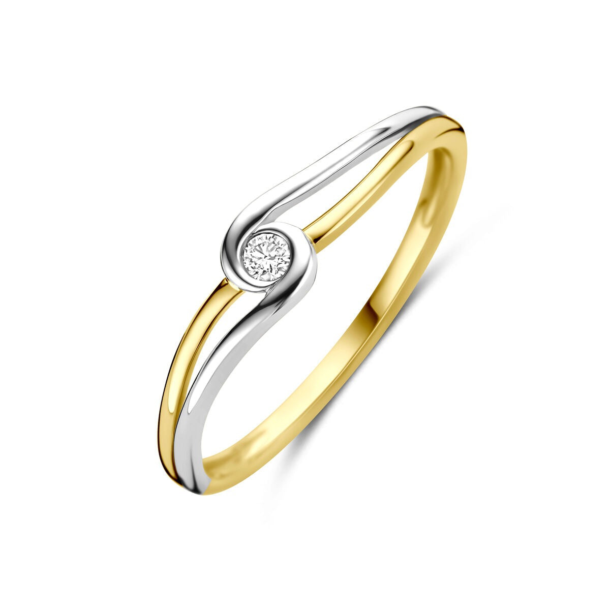 Bicolor Damenring aus 14k Gelb- und Weißgold mit einem Diamanten in der Mitte