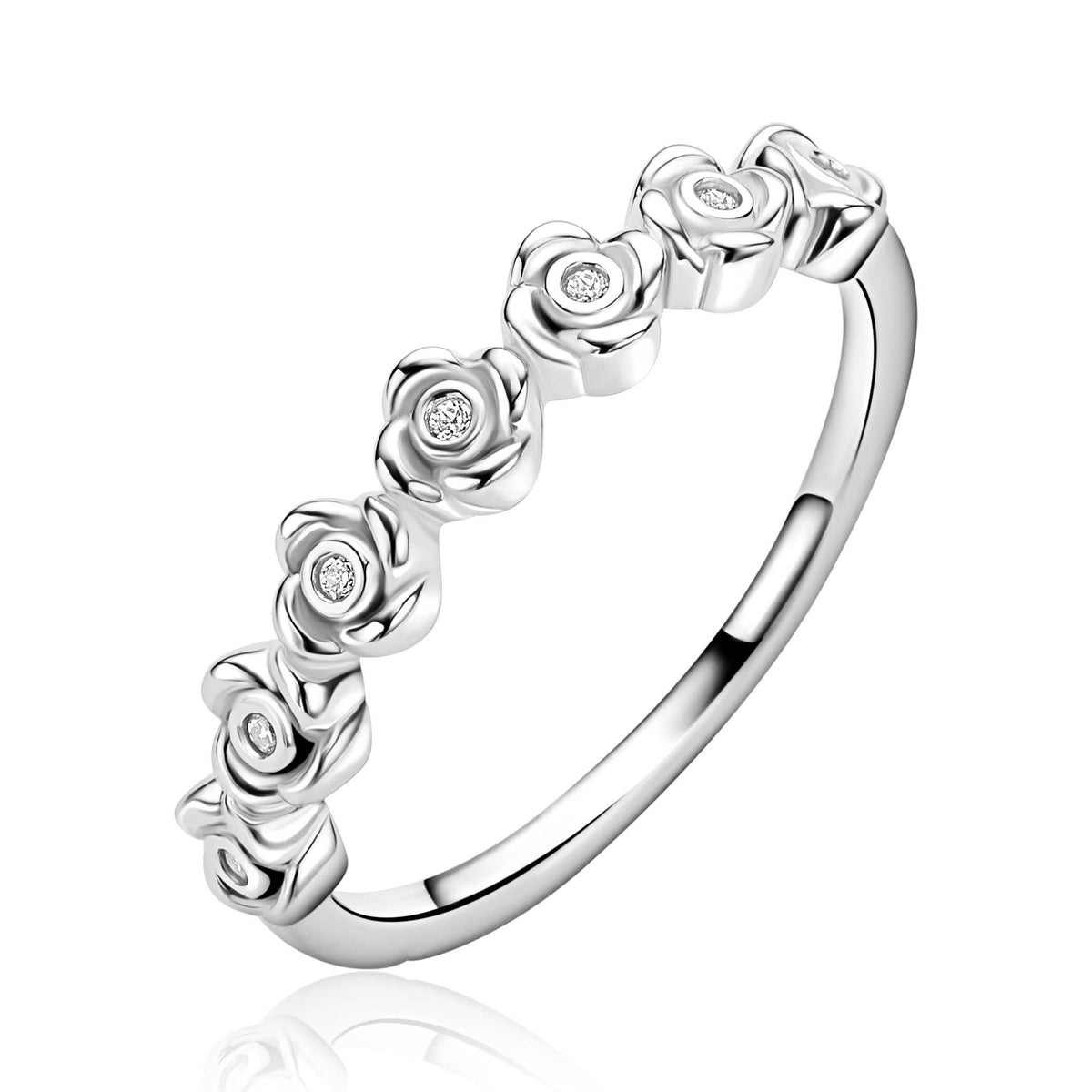 Ring aus Silber mit fünf blühenden Blumen und Zirkonia-Steinen