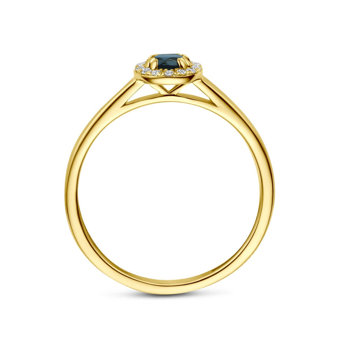 14k Geelgouden ring met London blue topaas en lab grown diamant