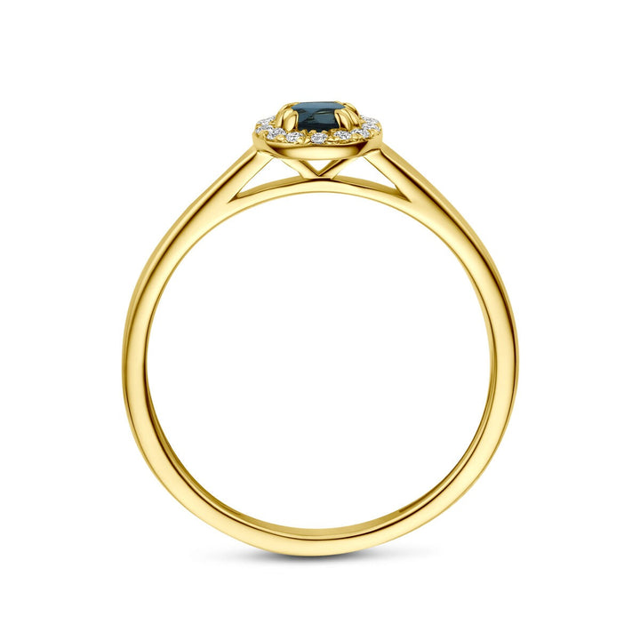 14k Geelgouden ring met London blue topaas en lab grown diamant
