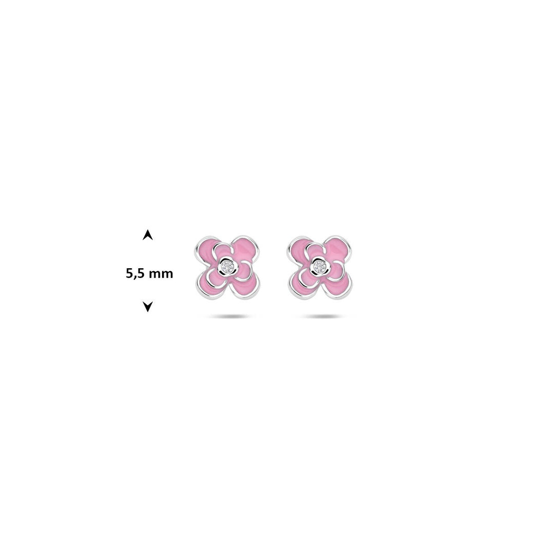 Zilveren oorknopjes met zirkonia en roze emaille – bloemdesign
