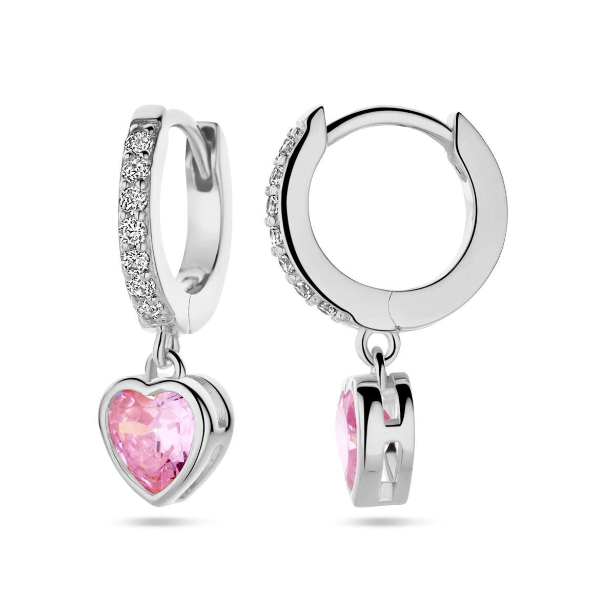 Rhodinierte Ohrringe aus Sterlingsilber mit rosa Zirkonia-Herzen