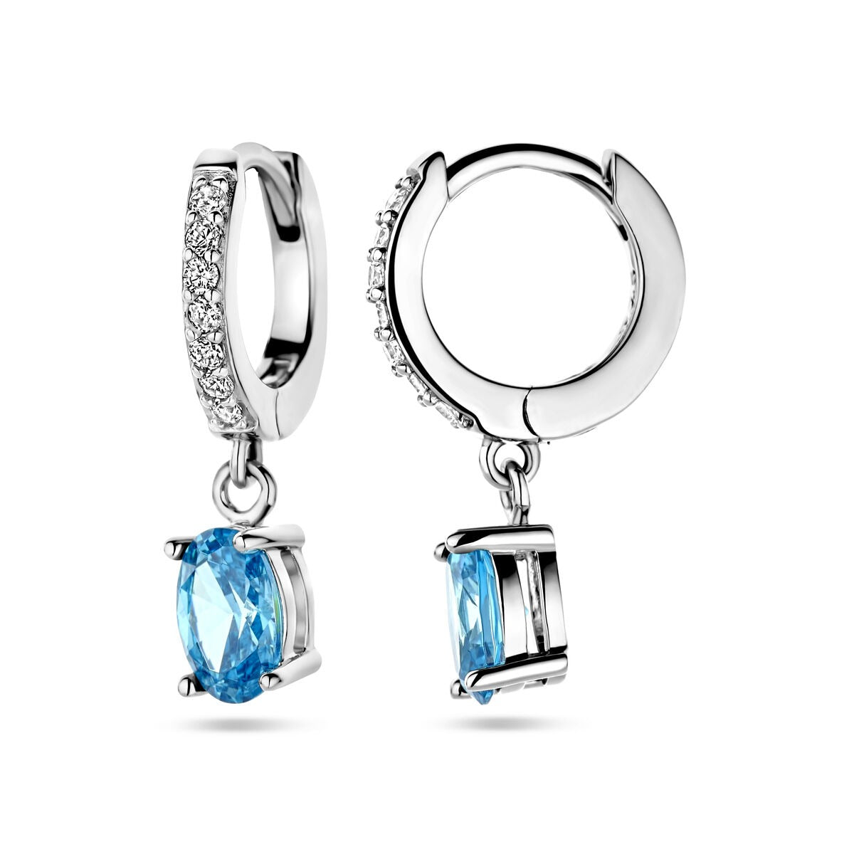 Rhodinierte Klappcreolen aus Silber mit weißen und blauen Zirkonia