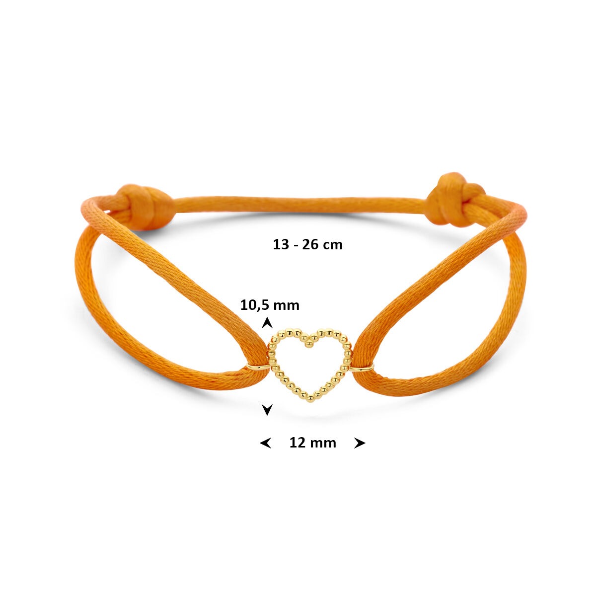 Oranges Satin-Damenarmband mit 14-karätigem Gelbgold-Herzchen – Liebevolles Detail mit einem verspielten Touch