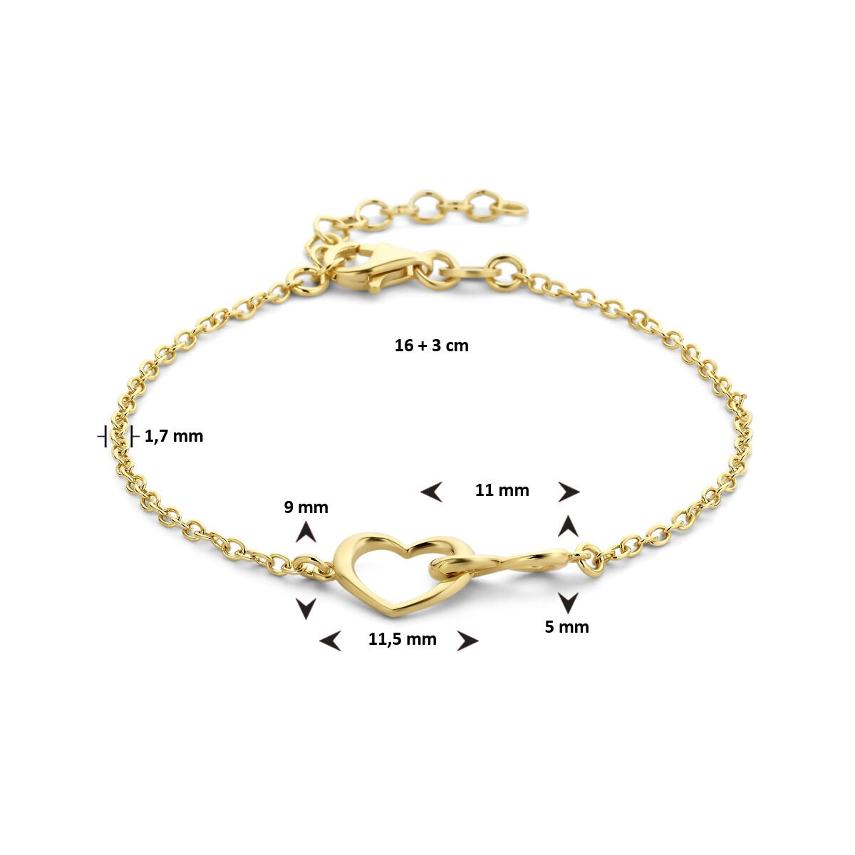 Vergoldetes Silberarmband mit Herz und Infinity – 16–19 cm