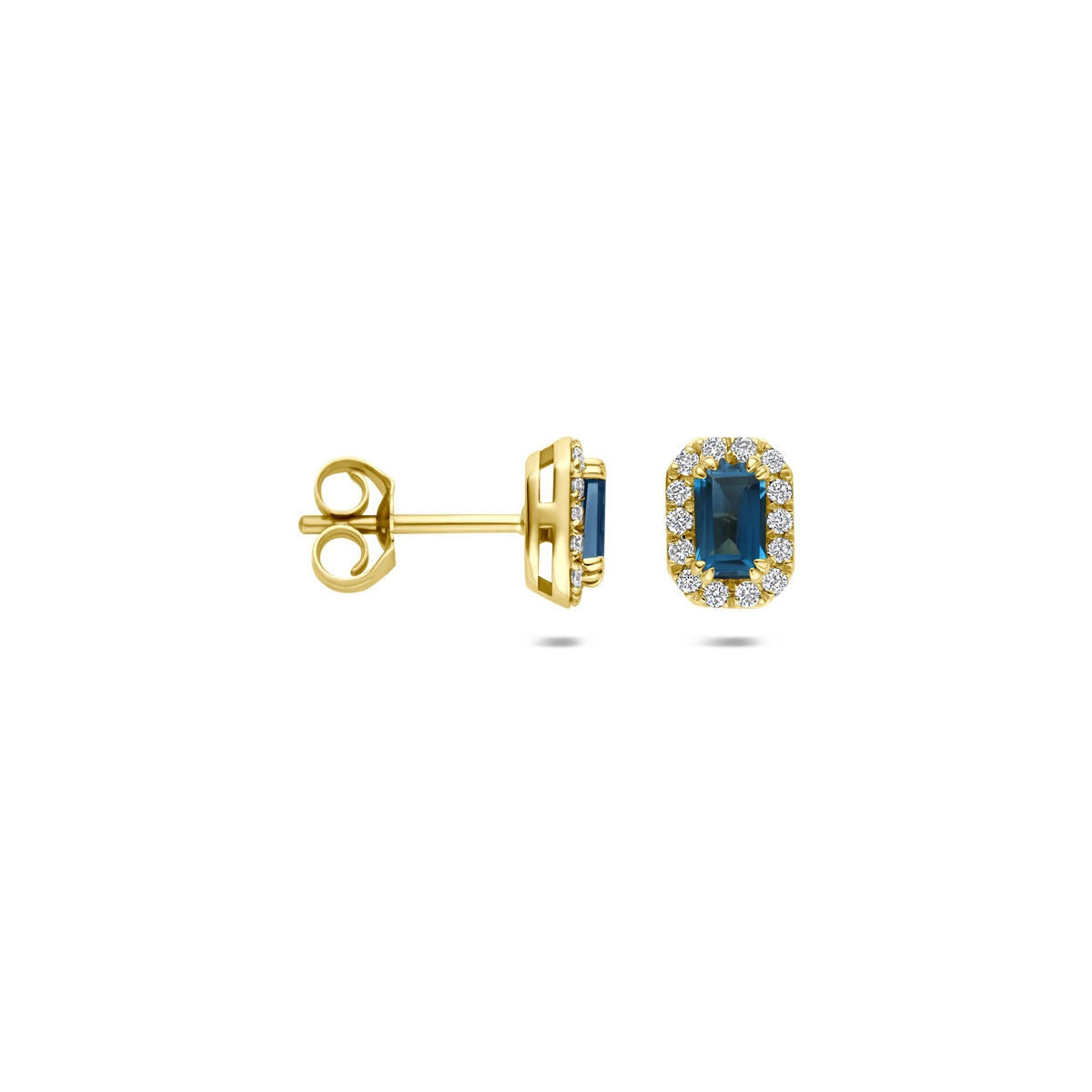 14k Gelbgold Ohrstecker mit London Blue Topas und im Labor gezüchtetem Diamant