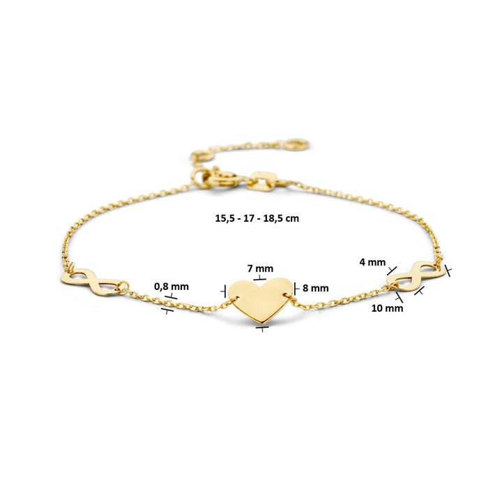 9k geelgouden armband met hart en infinity