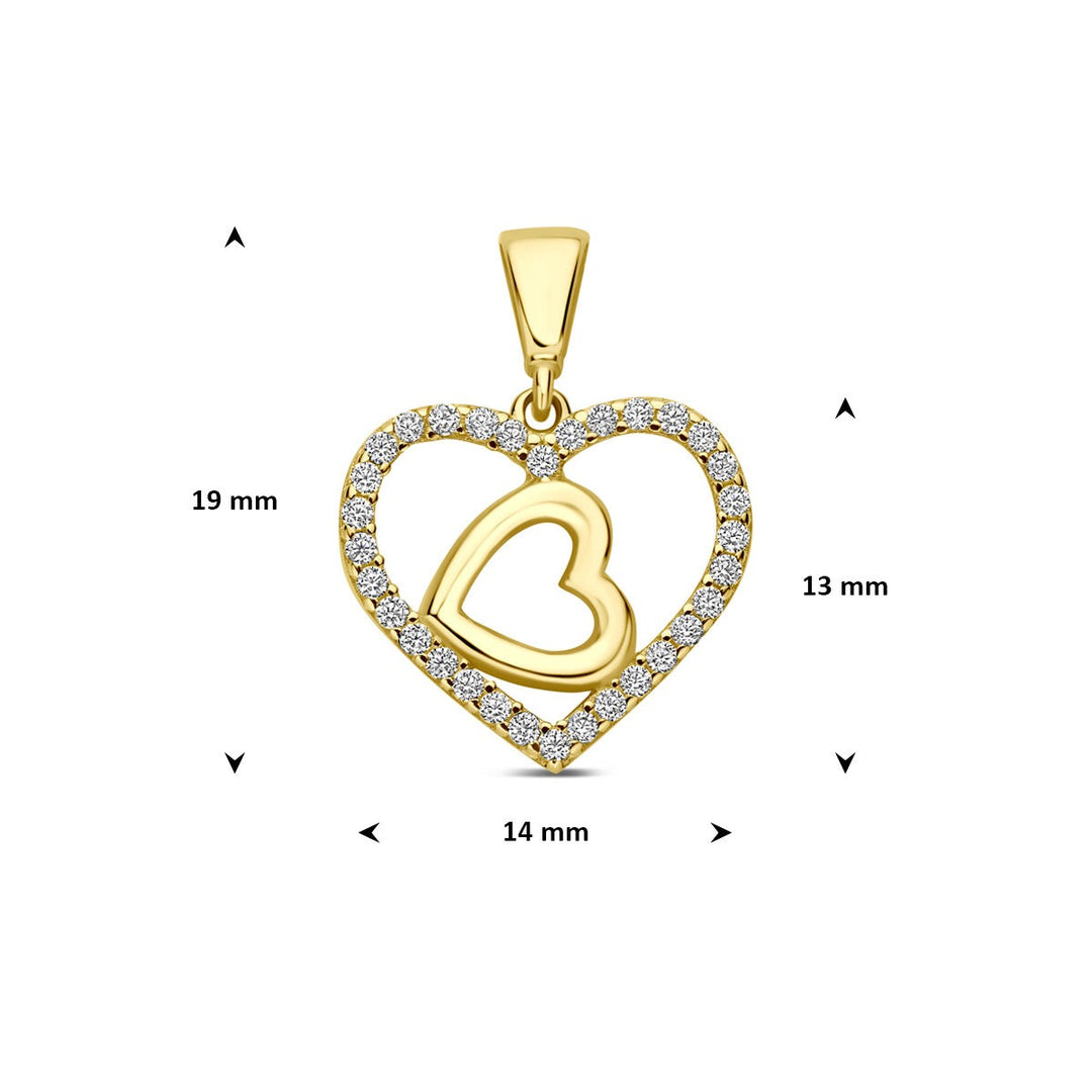 9k Geelgouden Ketting met Hanger Dubbel Hart Zirkonia