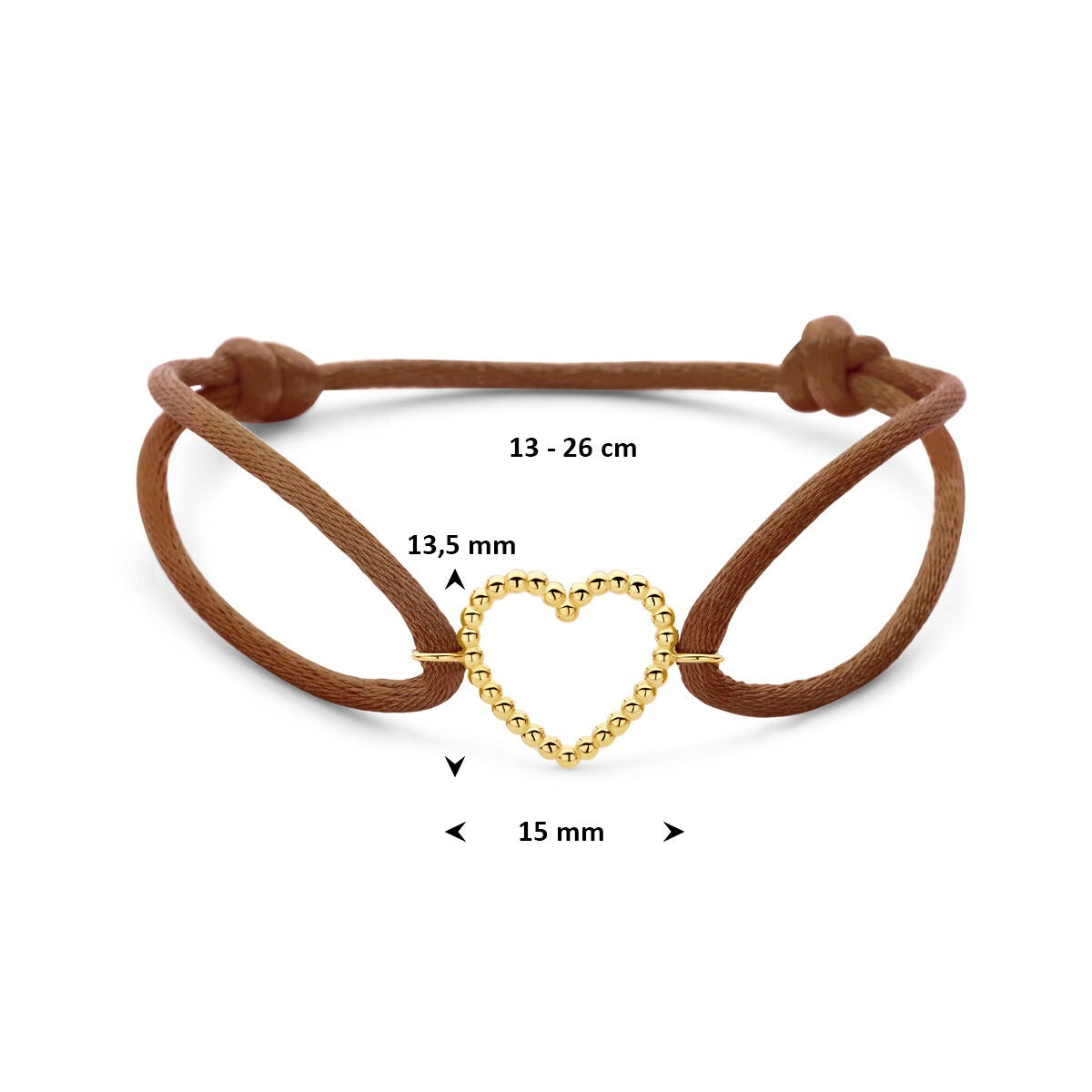 Braunes Satinarmband mit Herzchen aus 14K Gold