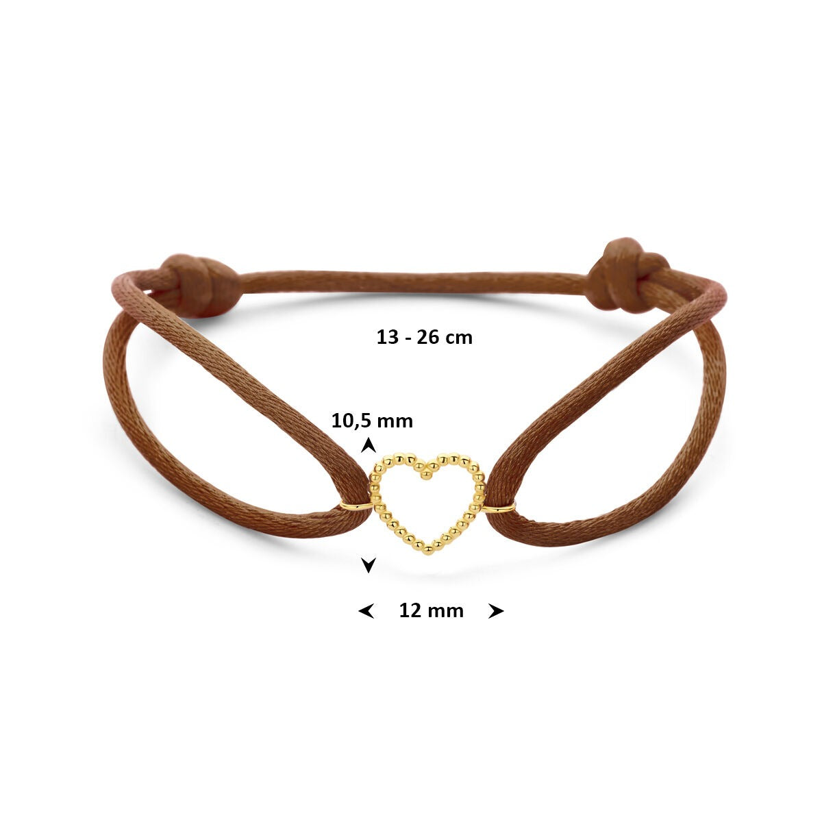 Braunes Satinarmband für Damen mit 14-karätigem Gelbgold-Herz – Ein raffiniertes Symbol der Liebe
