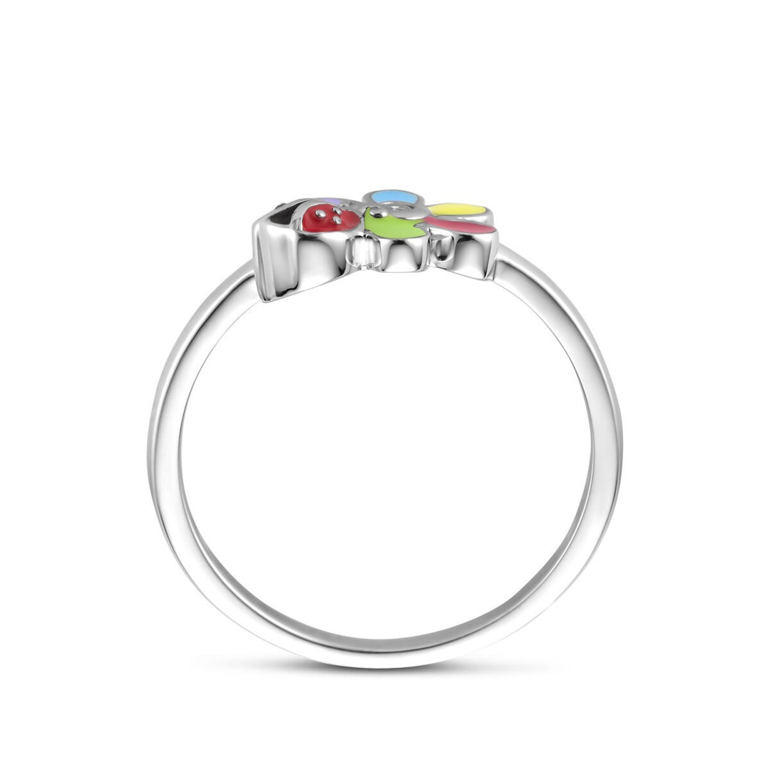 Zilveren kinder ring met zirkonia, bloem en lieveheersbeestje