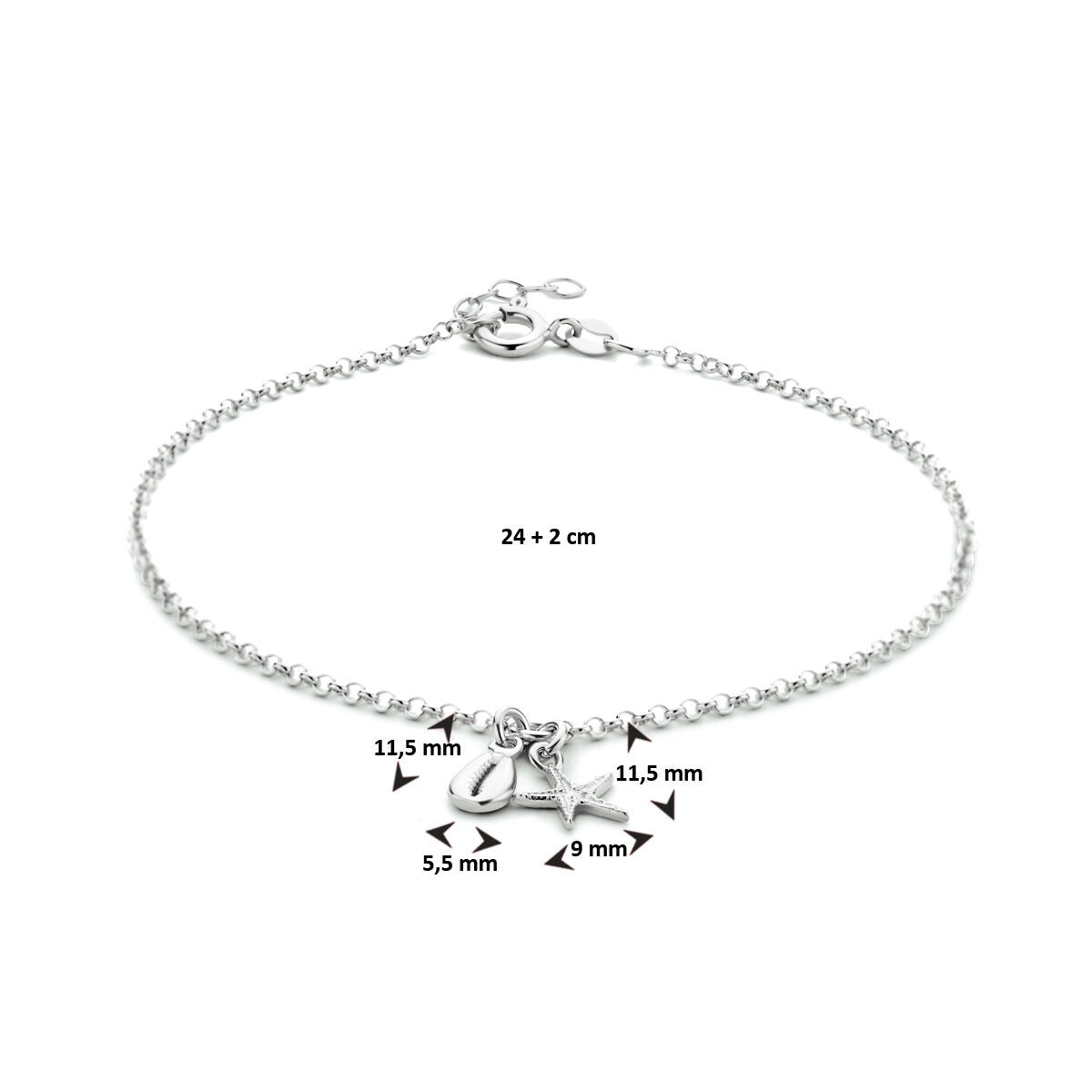Rhodiniertes Silberfusskettchen mit Stern und Muschel – 24-26 cm