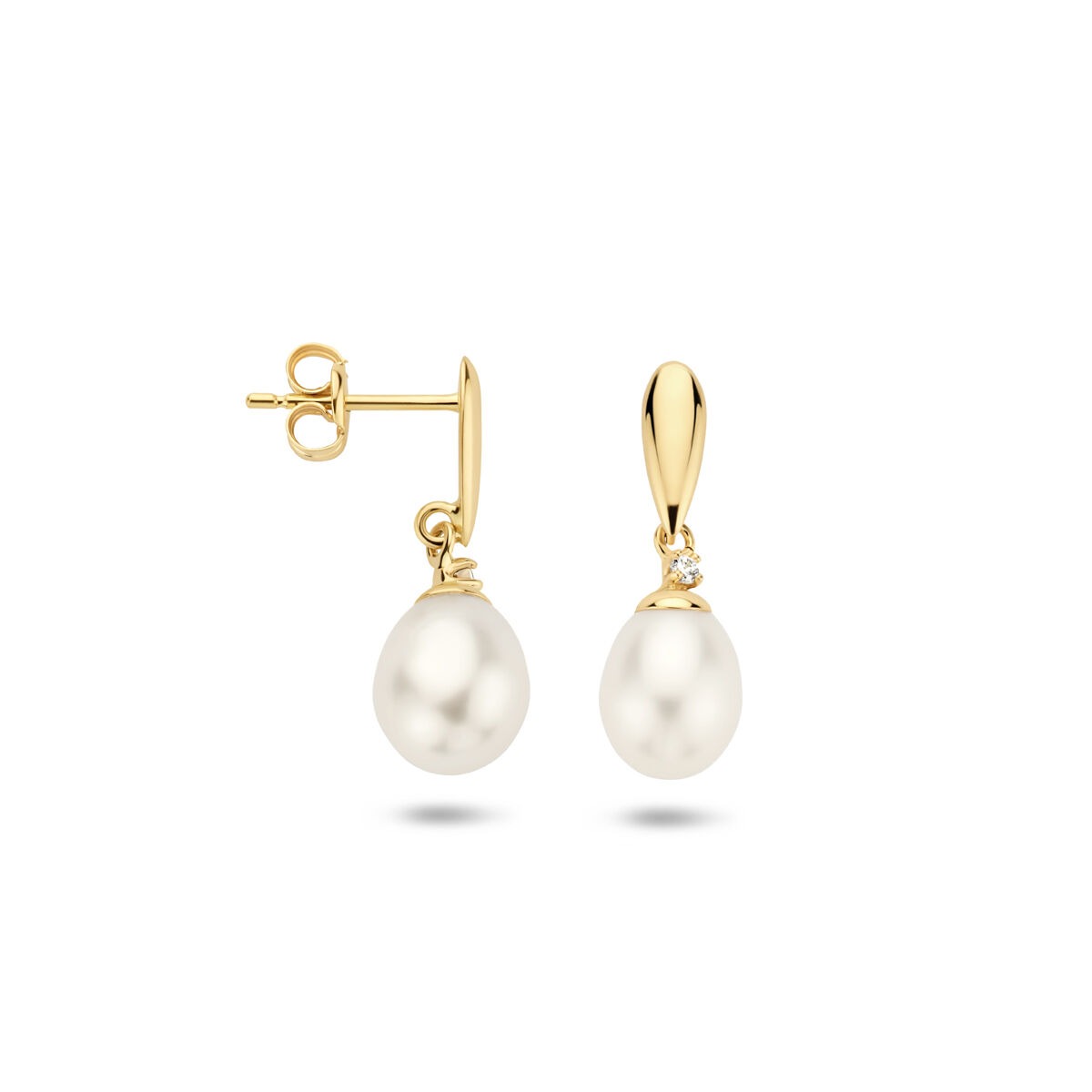 Gelbgoldene Ohrhänger 9k mit Süßwasserperle und Zirkonia – Damen