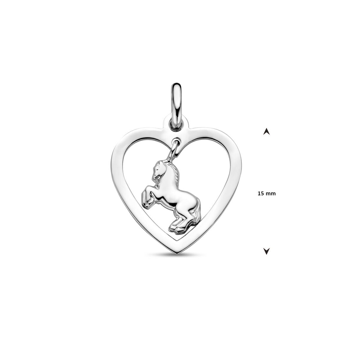 Silberner Kinderanhänger Herz mit Pferd – rhodiniertes 925er Silber, 20 mm hoch