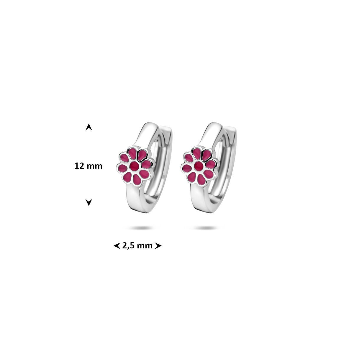 Silberne Kinderohrringe – rhodiniert mit Blume aus rosa Emaille