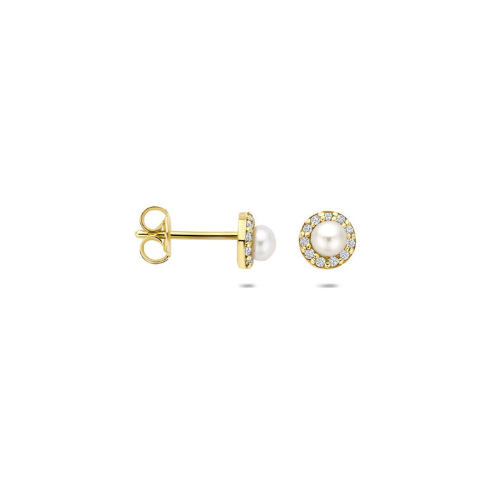 14k Geelgouden Oorknoppen met Parel en Zirkonia