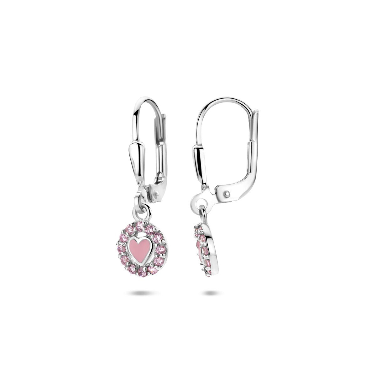 Silberne Ohrhänger mit Emailleherz und rosa Zirkonia – 21 mm